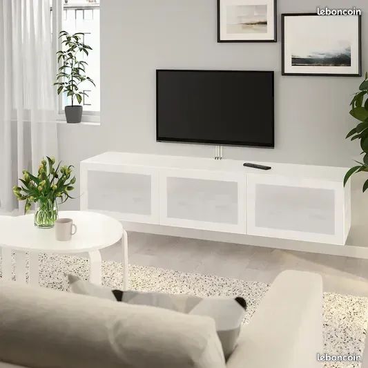 MEUBLE TV OU SURMEUBLE BESTA IKEA 3 PORTES VITRÉE OPAQUES GLASSVIK BLANCHE 180x41x38 160 TRÈS BON ÉTAT (image 1)