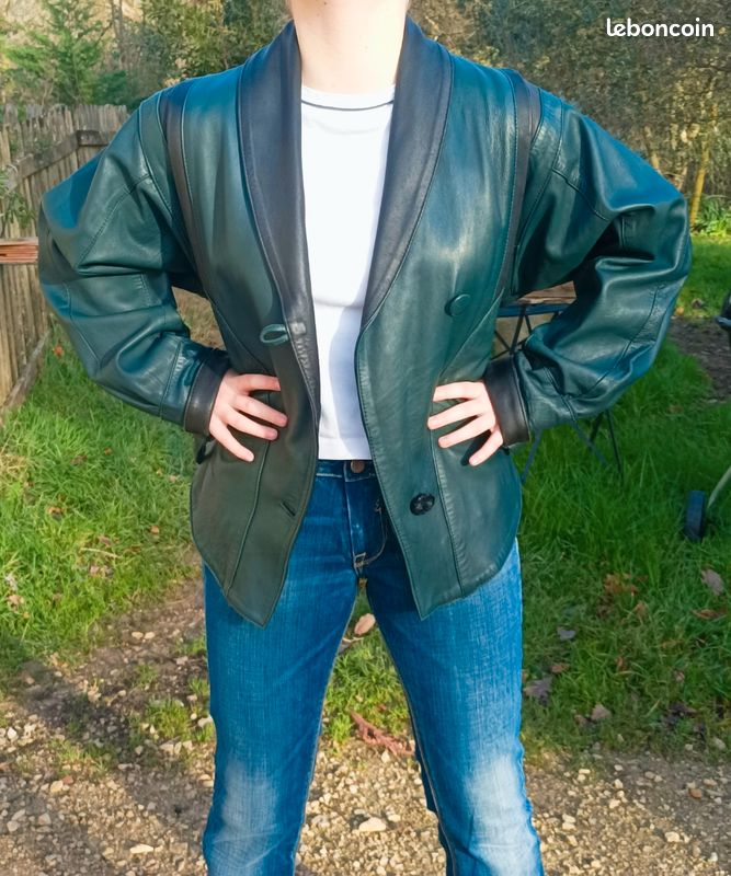 Blouson veste blazer cuir vert noir années 80 cintrée loose oversize ancien vintage (image 7)