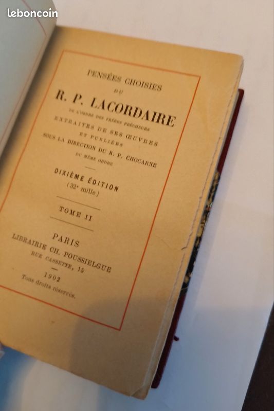 Coffret reliure 2 tomes "pensées choisies du R. P. LACORDAIRE" 10ème édition 1902 (image 6)