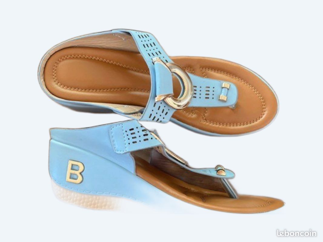 Sandales Compensées Tereza En Cuir Bleu Marine - Taille 6 - Pour L'été - Style T-bar - Fabriqué En Grèce