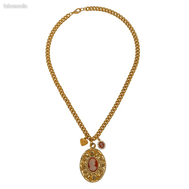 Collier Avec Pendentif Camée Montre - Occasion, Acier Inoxydable, Motif Noir Et Blanc Vintage