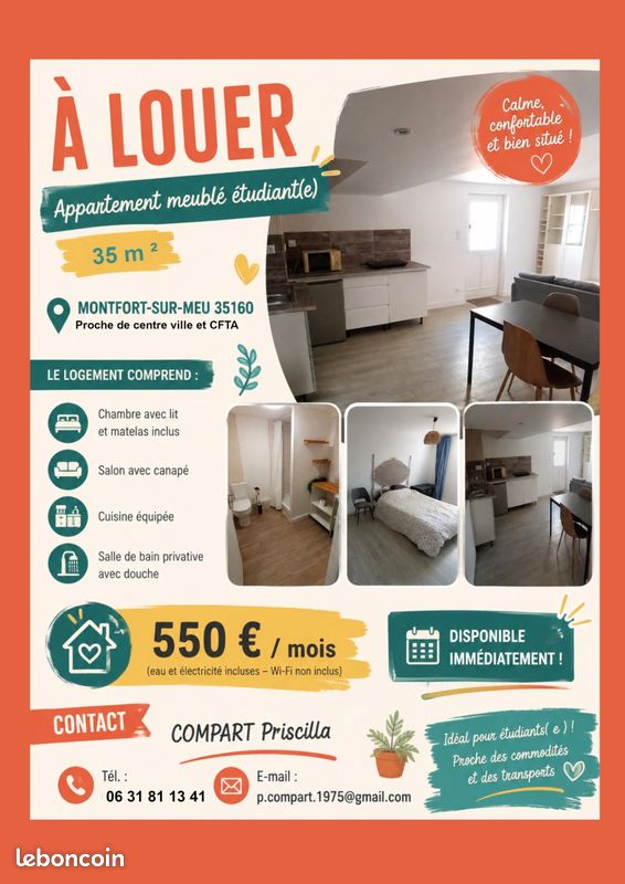 Appartement 1 pièce 35 m² · à Montfort-sur-Meu · 35 m² · 550 €
