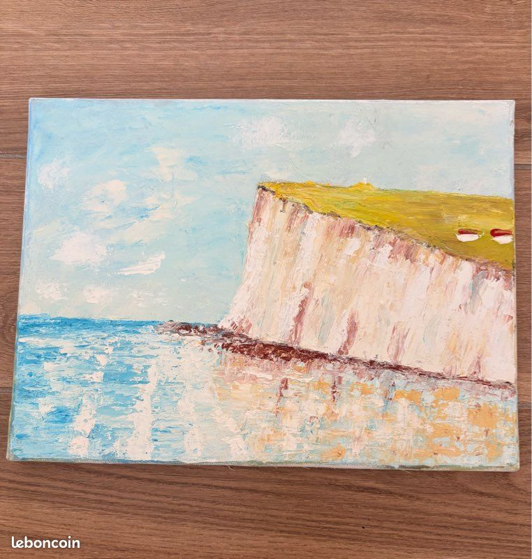 Tableau original signé G.Lephay – Paysage de falaise et bord de mer – Peinture à la main (image 1)
