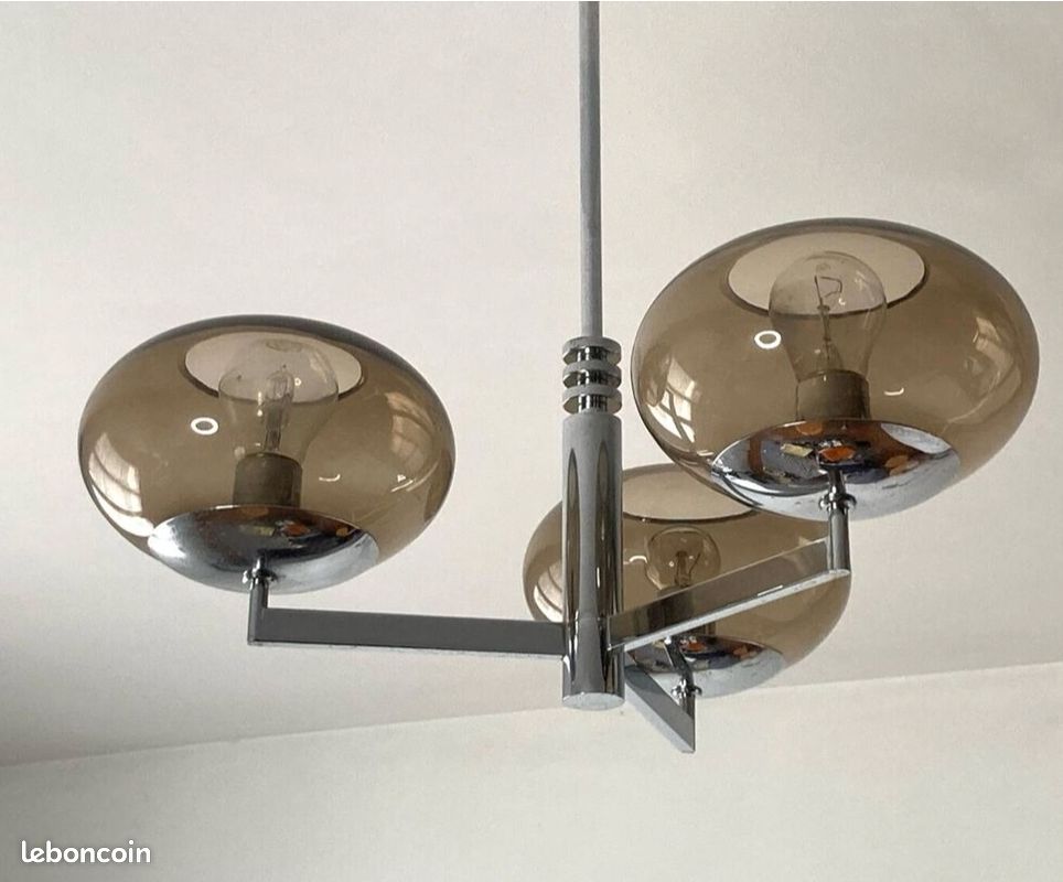 Lustre 3 feux du designer italien Gaetano Sciolari chromé et verre fumé - Années 70 - Vintage (image 4)