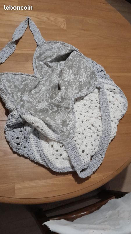 Grand Sac plage besace fait main au crochet gris blanc (image 3)