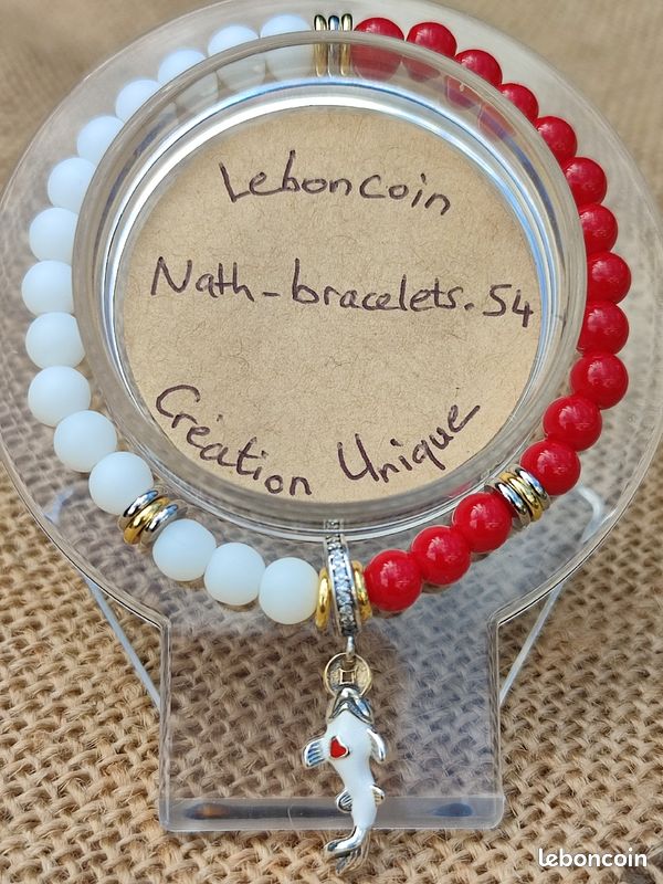 Bracelet JADE ROUGE/AGATE BLANCHE MATE - Carpe Koï - Pierres Naturelles et Breloque S925 (image 2)