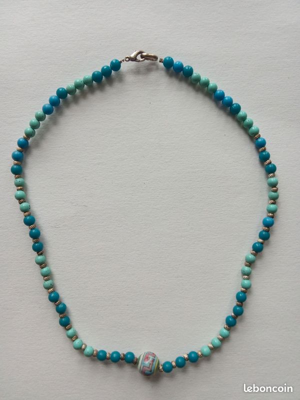 Collier Femme Chaîne Fine - Perle émail Turquoise - Acier Inoxydable 36cm