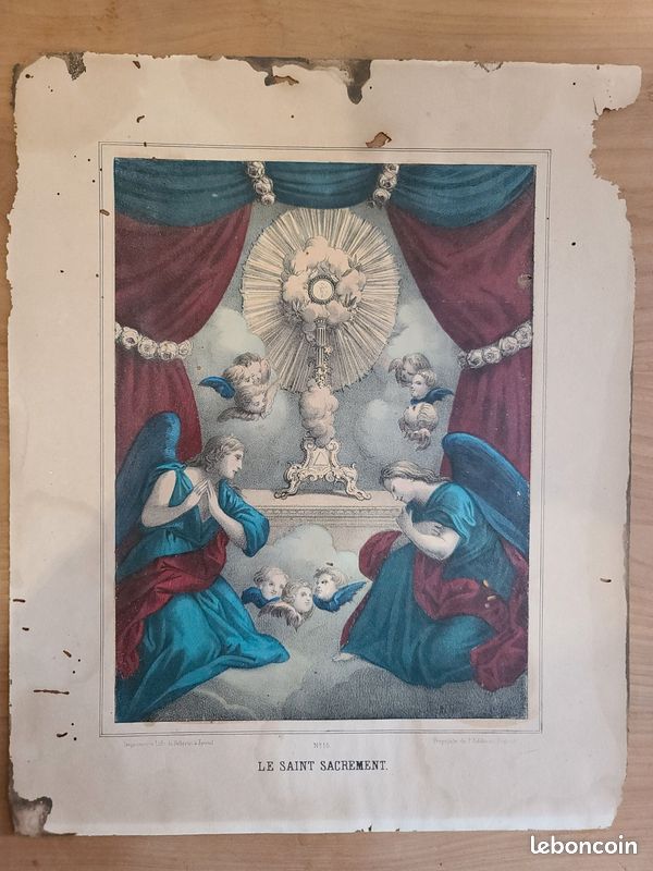 Gravure ancienne religieuse - LE SAINT SACREMENT - Anges et Eucharistie (image 1)