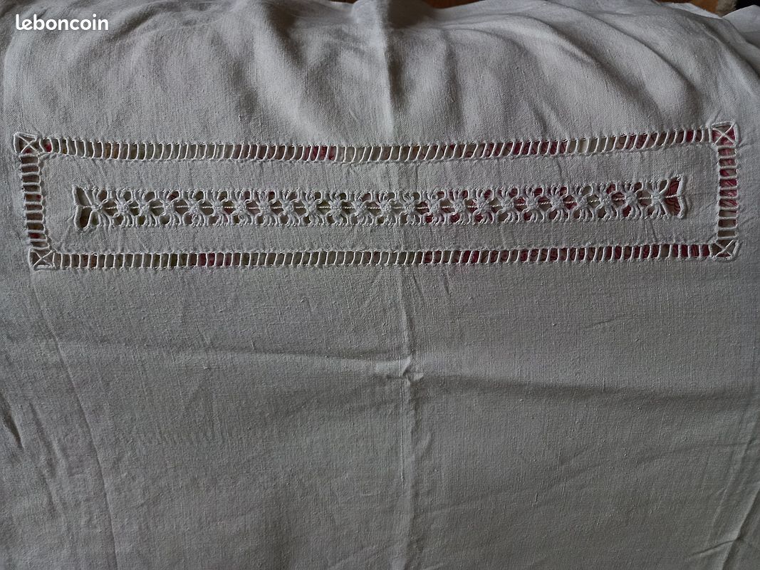 Grand drap ancien brodé main monogrammé MN - Linge de maison
