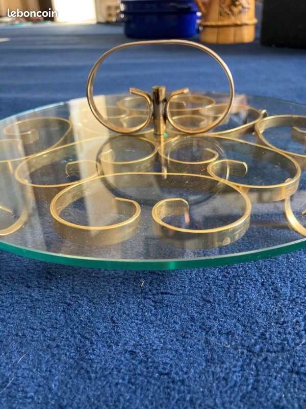 Plateau tournant vintage en verre et métal doré – Présentoir apéritif (image 2)