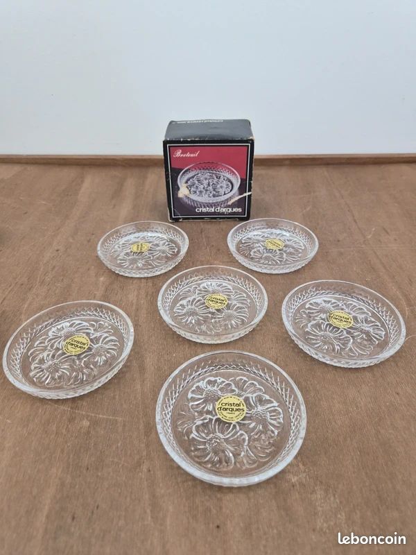 Cristal d’Arques vintage – lot cendrier Fougère + 6 sous-verres Breteuil – boîtes (image 6)