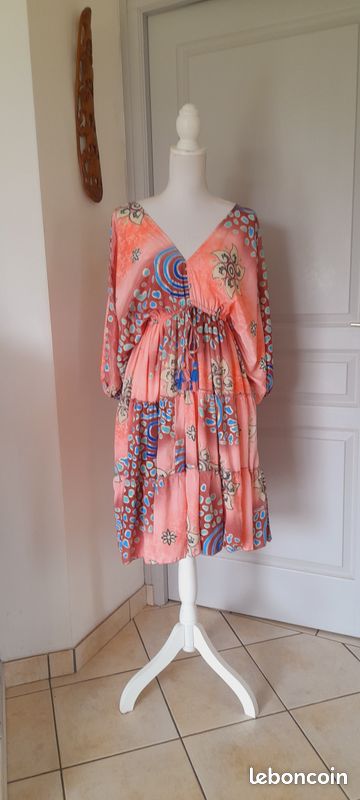 Robe D'été Femme AGB 10P Rose Orange à Fleurs - Neuve Avec étiquette - Coton élasthanne