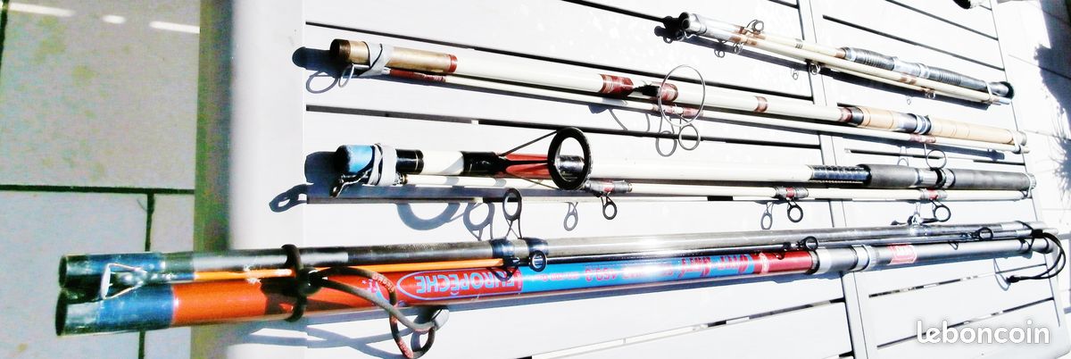 Cannes à pêche surf casting 4,5 m carbone + autres cannes en fibre de verre pleines et creuses – Pêche au gros – 1 Long piquet pour cannes surf casting – Moulinets divers petits et très gros (image 17)