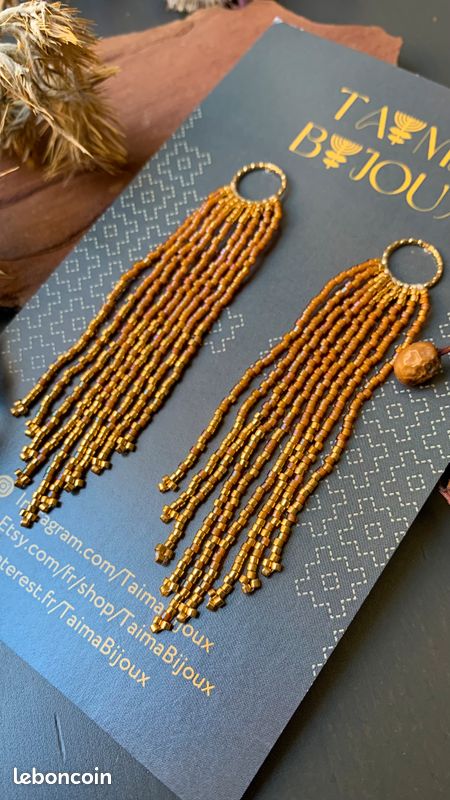 Boucles d'oreilles à franges oranges et dorées 24ct en perles japonaises style boheme (image 4)