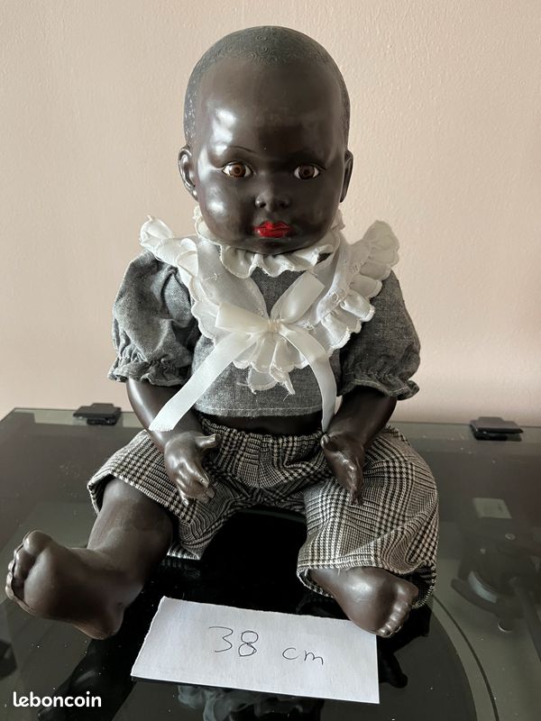 RARE POUPON ANCIEN NOIR TÊTE BISCUIT - MÉCANISME À SOUFFLET - 18 CM