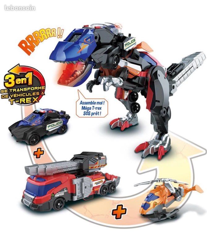 Vteck Switch & Go Dinos Combo, Dinosaure Sonore Trio, le Méga T-Rex SOS 3 en 1, Voiture de Police, Camion de Pompiers, Hélicoptère, Jouet Dino Articulé V-tech (image 3)