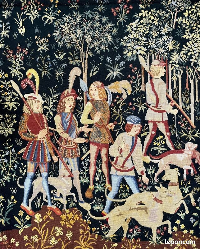 Ancienne tapisserie à la main Chasse médiévale Licorne XXème (image 2)