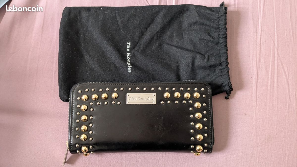 Portefeuille compagnon vrai cuir noir studs clou argent doré neuf