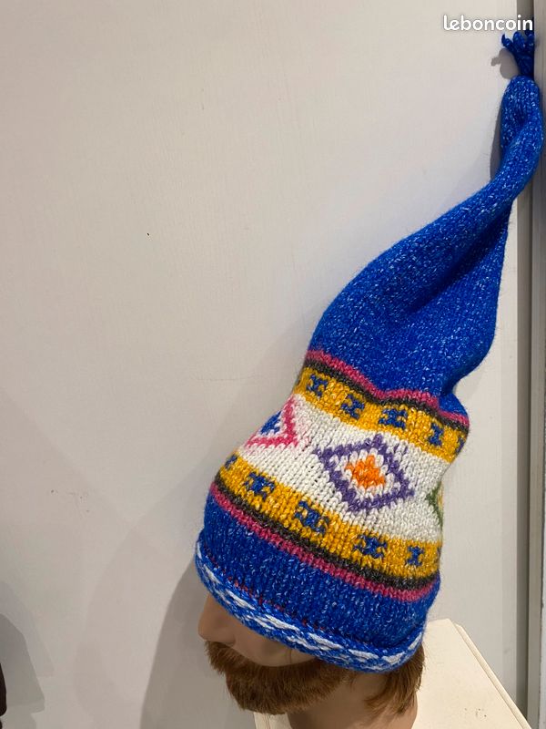 Bonnet pointu laine artisanale Lutin ethnique Bleue, multicolore atypique (image 6)