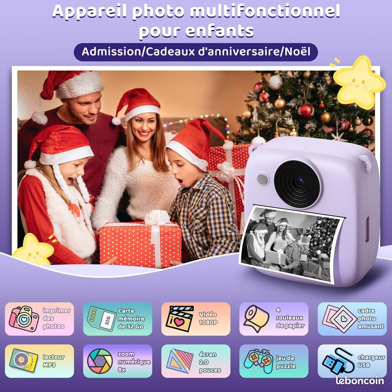 Variglas Appareil Photo Enfant Instantané 1080P - Avec Carte 32GB & Papier Photo - Cadeau 3-12 Ans