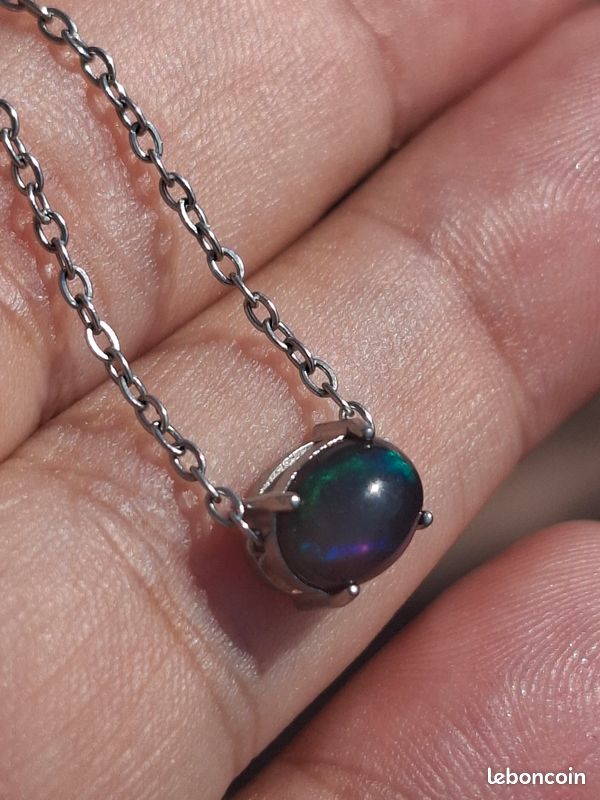 Collier acier inoxydable avec opale coulissante noire/verte de 8x5mm éthiopienne (image 9)