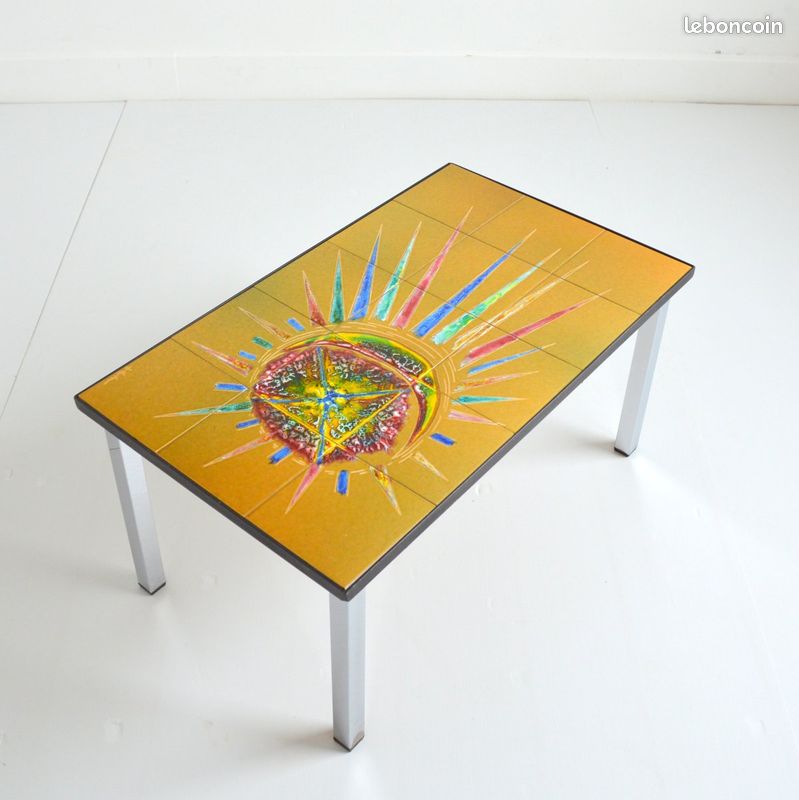 Table basse / Bout de canapé / céramique peinte à la main / Décor soleil vintage années 60 (image 1)