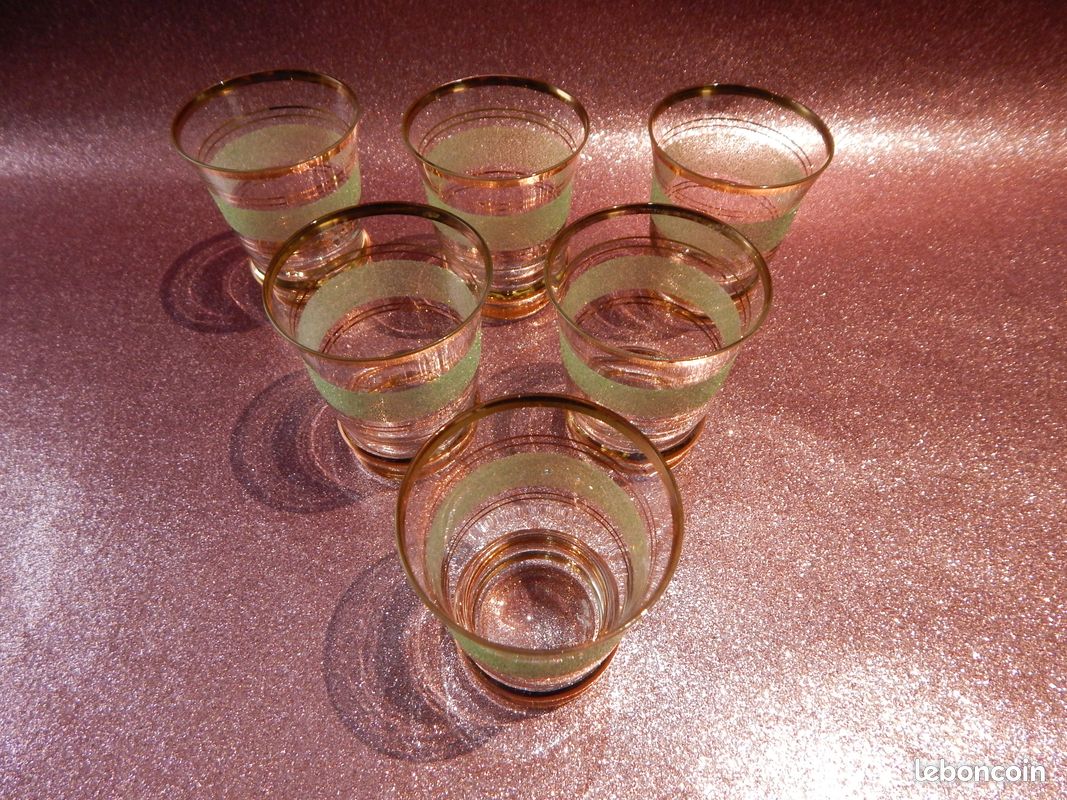 Lot De 6 Verres Mélangeurs Vintage – Verre Fin à Bandes Dorées – Style Rétro