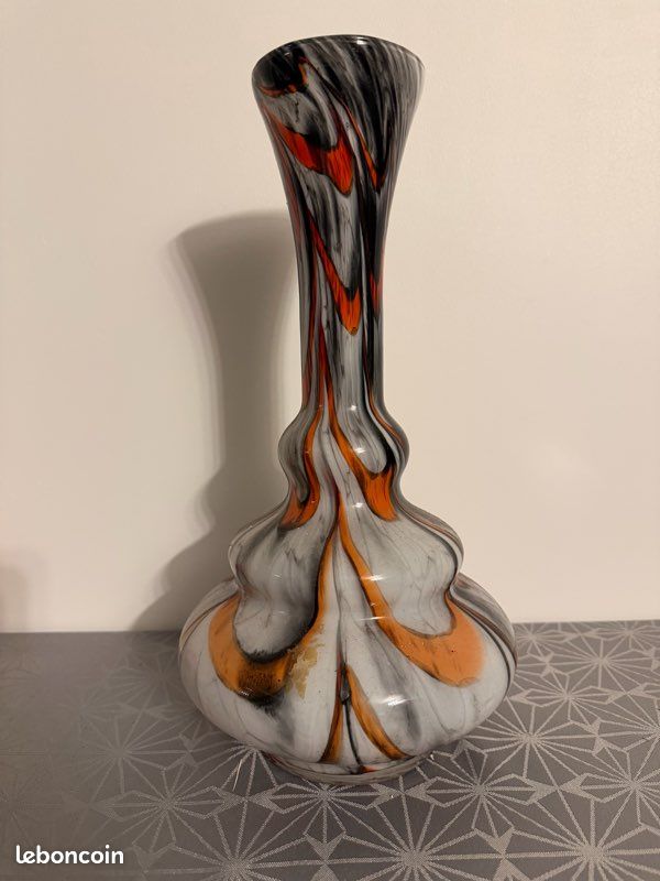 Grand Vase Vintage En Verre Soufflé Rubané - Style Murano Des Années 60-70 - Vert - 33 Cm