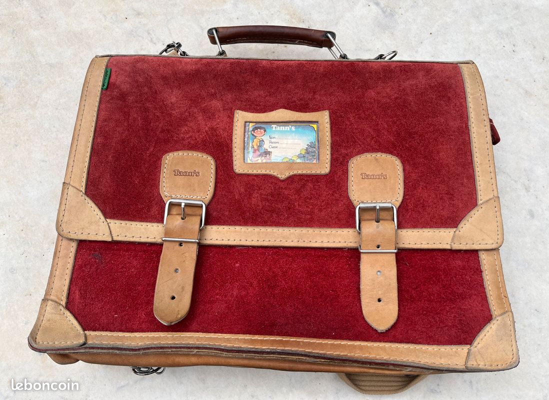 Très beau cartable Tann's en cuir beige et daim rouge, vintage
