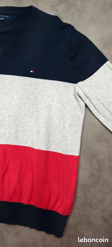 Sweat Tommy Hilfiger [L] 100% coton col V logo brodé homme pull marine (image 7)