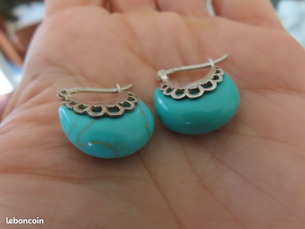 Boucles D'oreilles Vintage En Argent 925 Et Turquoise - Fait Main Percé