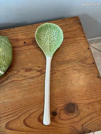 Lot Vintage F Mendes : Plat Et Coupe En Faïence Portugaise, Motif Chou, Glacé Vert