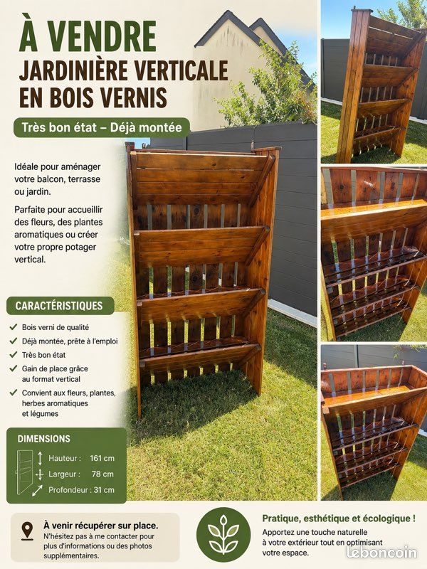 Grand Meuble vertical étagère rangement 4 niveaux Jardinière fleurs plantes aromatiques en bois verni Idéal potager balcon jardin style champêtre avec accroche murale Très bon état (image 6)