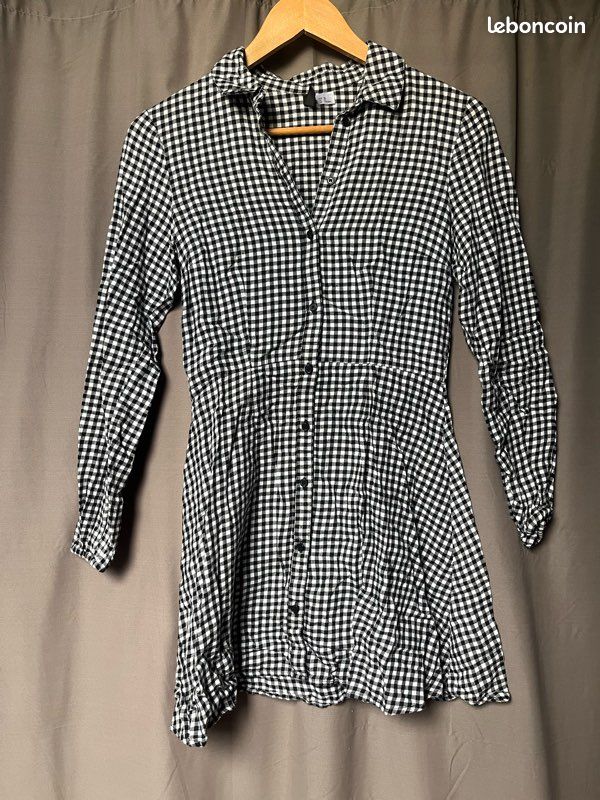 black and white plaid dress h&m Robe à manches longues à carreaux noir et blanc taille 38 100% coton en parfait état Long Homecoming Dresses 1960s Black Party Dress: Color:Vintage Blue