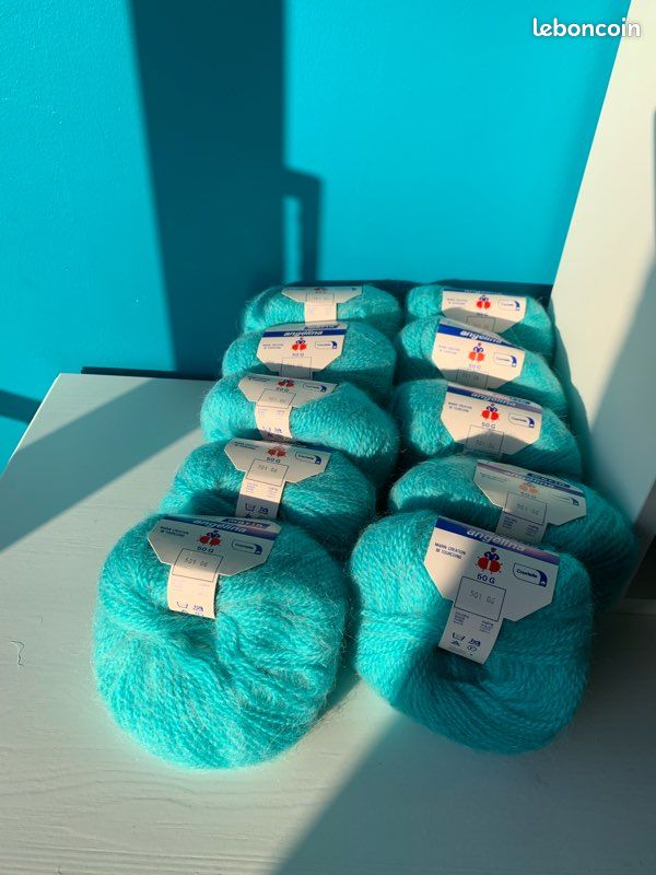 Lot De 10 Pelotes De Laine Mohair Bleu Pétrole - Fabriqué En France, Aiguilles 5/6, Neuf
