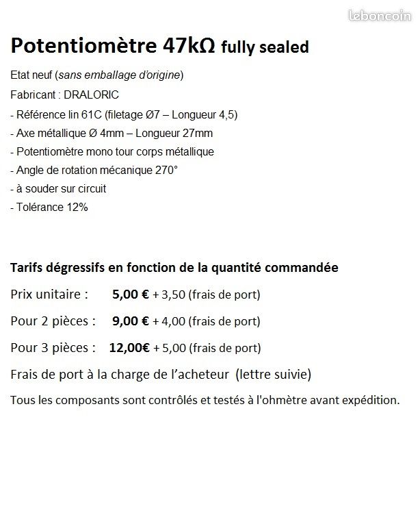 Potentiomètre 47kΩ à souder sur cicuit - DRALORIC LIN 61C - composant électronique - NEUF (image 5)