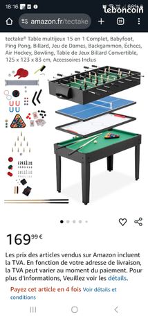 Table Multijeux Tectake 15 En 1 – Baby-foot, Billard, Ping-pong, Air Hockey, échecs, Bowling Et Plus – 125 X 123 X 83 Cm – Accessoires Inclus