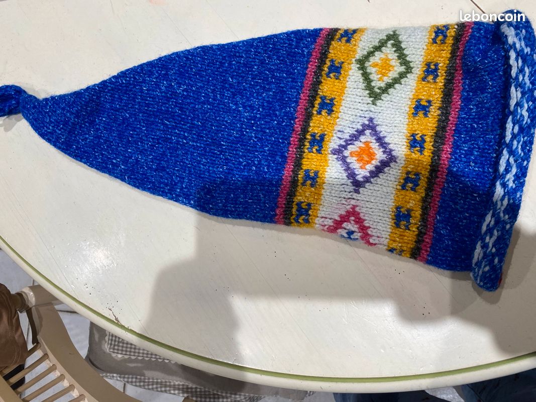 Bonnet pointu laine artisanale Lutin ethnique Bleue, multicolore atypique (image 3)