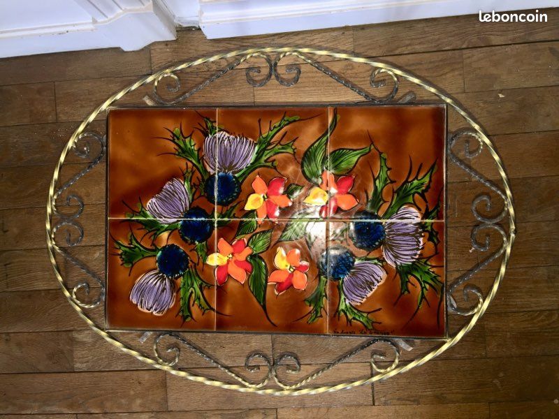 Table basse salon Vallauris signée La Grange Fer Forgé et faïence céramique ancien rétro vintage (image 3)