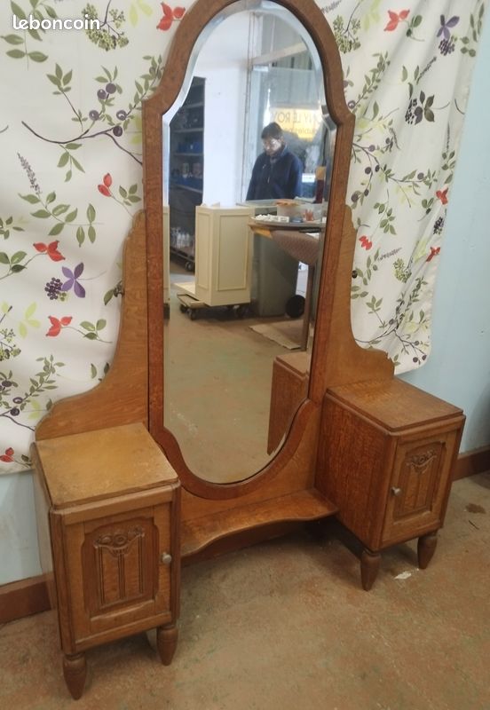 Coiffeuse psyché Art déco en chêne massif un miroir biseauté pivotant et un petit meuble de chaque côté (image 2)