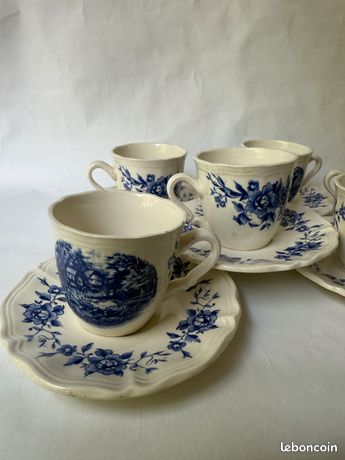 Lot De 6 Tasses à Café Anciennes BP Sarreguemines, Motif Fleurs Et Paysages Champêtres, époque Art Déco