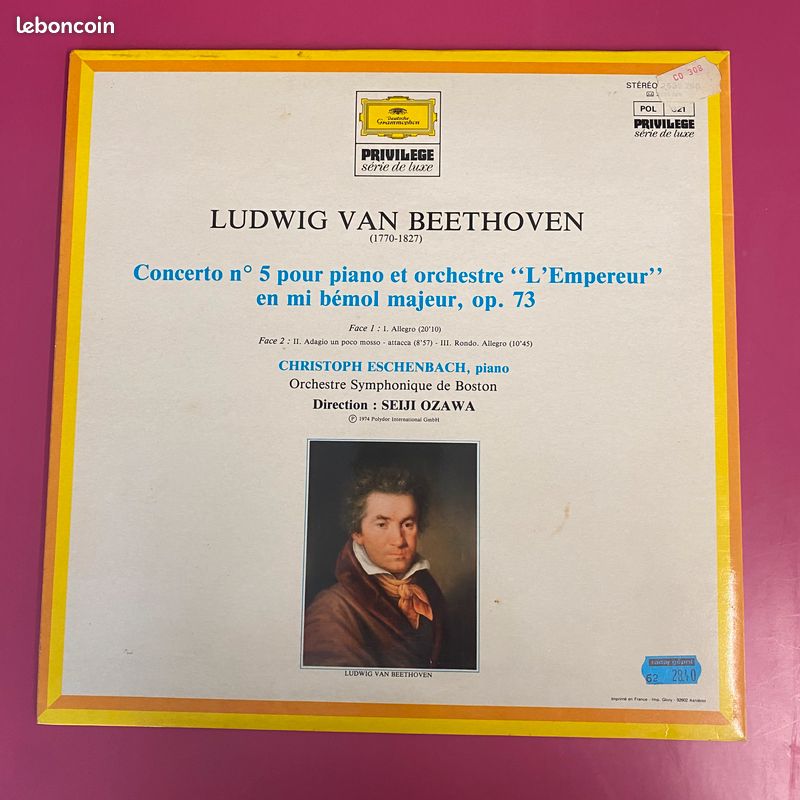 Vinyle Beethoven - Christoph Eschenbach, Boston Symphony Orchestra, Seiji Ozawa ‎– Piano Concerto No. 5 In E Flat Major (image 2)
