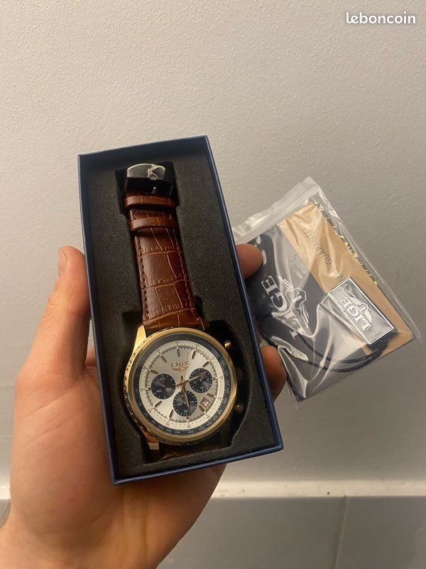 Grosse montre chrono lige style vintage bracelet cuir, cardran