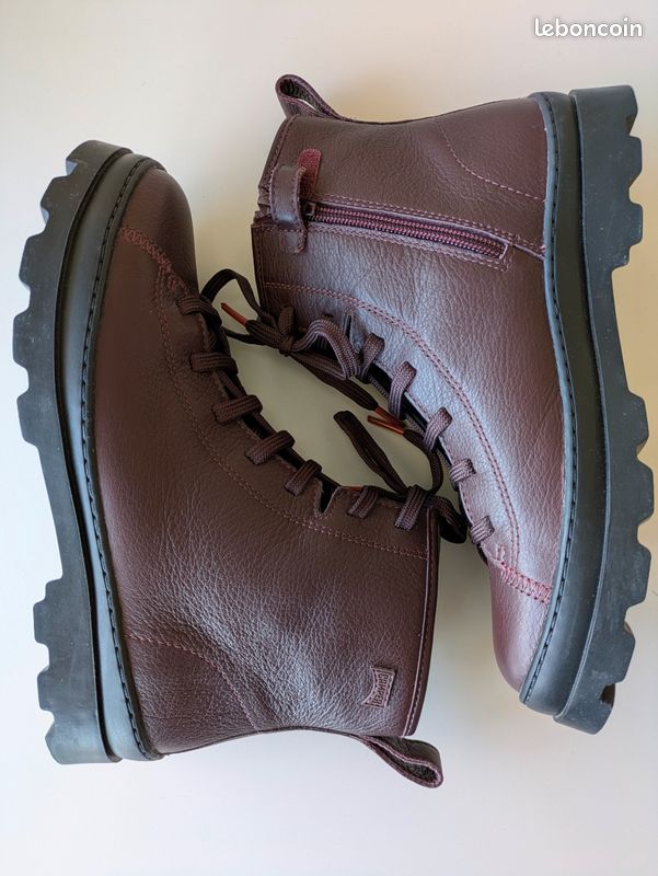Bottes Confort Camper En Cuir Bordeaux - Taille 40, Style Combat, Doublure Cuir, Très Bon état