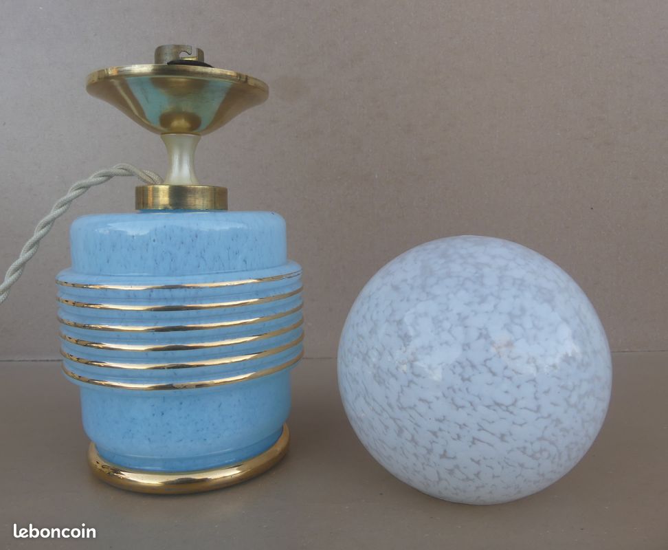 Lampe verre de Clichy bleu & boule blanche de bureau vintage luminaire ancien (image 14)