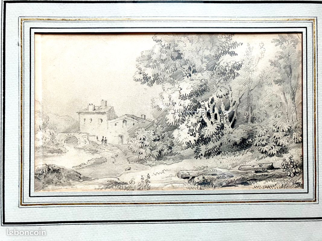 Dessin original 19ᵉ siècle – Maison rivière & grands arbres – Encadrement ancien (image 8)