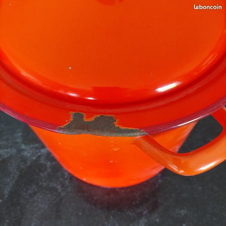 Ancienne Cocotte Marmite En Tôle émaillée Orange - Petit Faitout Vintage France