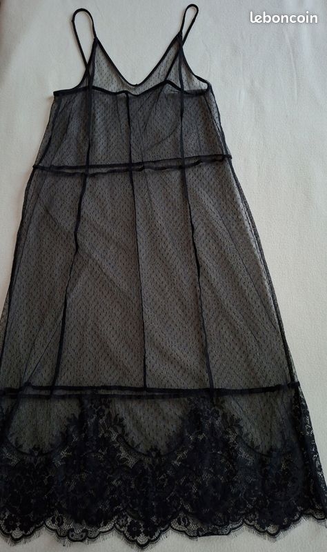 Combinaison Et Fond De Robe Vintage En Dentelle – Taille 46 (fait 40/42) – Bleu, Nylon, Super état