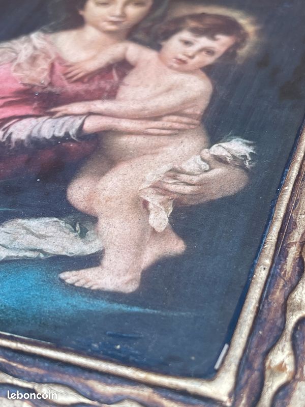 Icône Religieuse Ancienne Sur Bois – Vierge à l’Enfant – Cadre Doré à la Feuille (image 8)