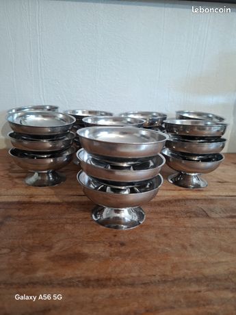 Vintage Très Joli Service à Glace J. SIMON en Inox 6 Coupes Cuillères Plat Rond